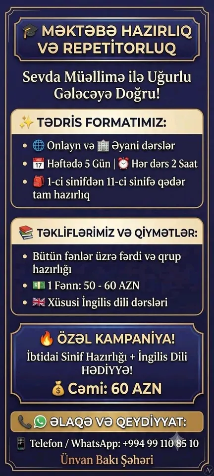 Həftədə 5gun 2saat 60manat bütün fenler bütün siniflər üzrə kecirem onlayn və eyani fərdi və qrup şəklində müraciət edə bilərsiniz