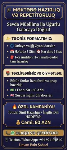 bütün fenler bütün siniflər üzrə hazırlıq keçirəm 1fenn 60manata həftədə 5gun 2saat ciddi şəxslər yazsın maraqlanan